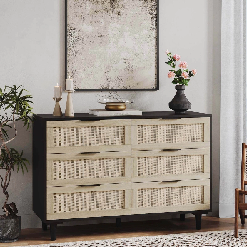 Bay Isle Home Devonport Rattan 6 Drawer Dresser for Bedroom, Wood Dresser & Chest of Drawers with Metal Handles | Wayfair