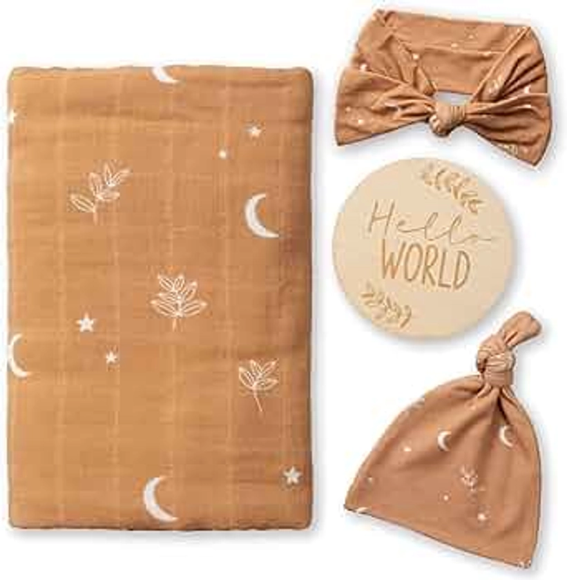 Miaoberry 100% Organic Cotton Baby Muslin Swaddle Blanket Set| Burnt Orange Boho Moon| Gender Neutral for Boys Girls|moon leaf| Hospital Newborn Receiving Blanket |Newborn Unisex