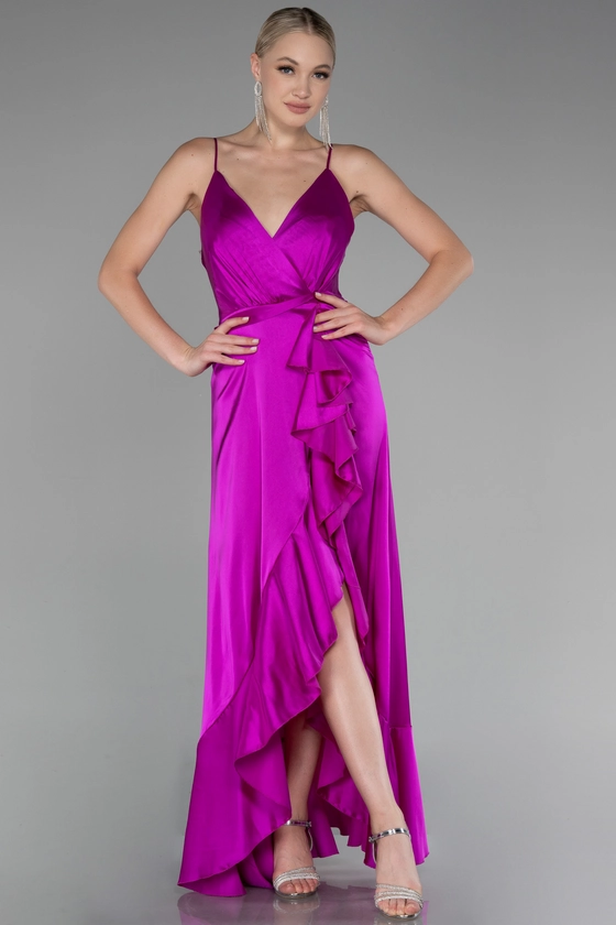 Robe de Soirée Devant Court Dos Long Satin Fushia ABO109