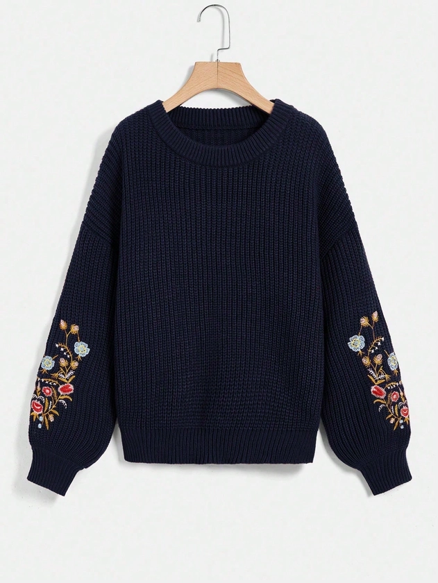 SHEIN VCAY Floral Embroidered Ribbed Crew Neck Long Sleeve Pullover Sweater