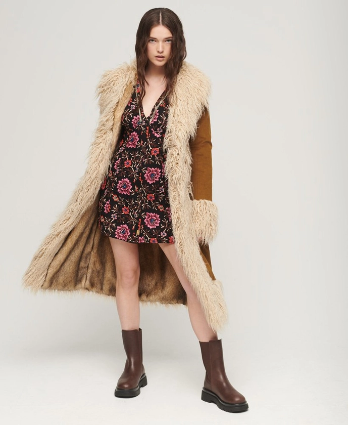 Womens - Faux Fur Lined Longline Afghan Coat in Denim Co Tobacco Brown | Superdry UK