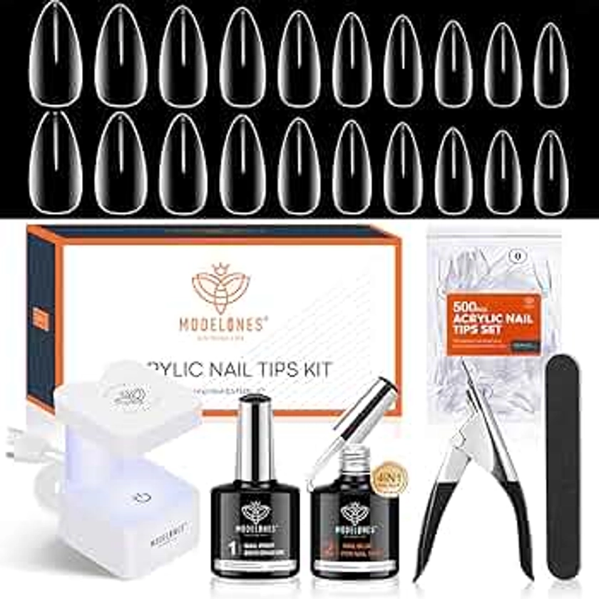 modelones Gel Nail Kit, 500Pcs Soft Gel Nail Tips Medium Almond Shape, 4-in-One Nail Glue Nail Prep Dehydrate & Portable Led Lamp Nail Clipper, Easy Nail Extension Set for Easter Nail Art