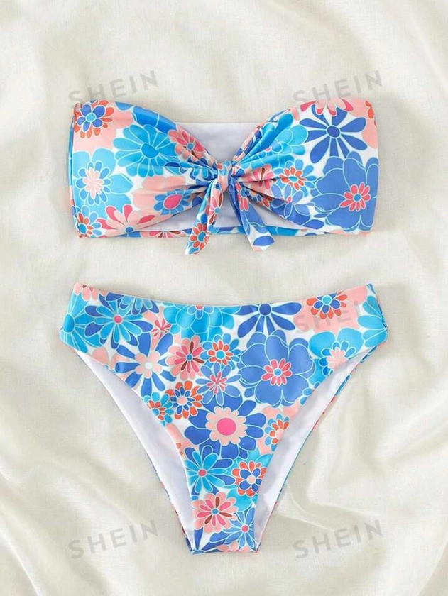 SHEIN Swim Mod Floral Print Knot Front Bandeau Bikini Swimsuit