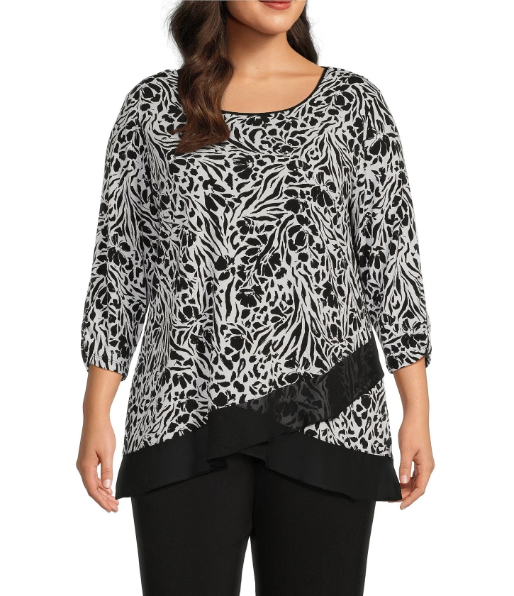 Allison Daley Plus Size Floral Zebra Print 3/4 Sleeve Crew Neck Ruffle Hem Knit Top | Dillard's