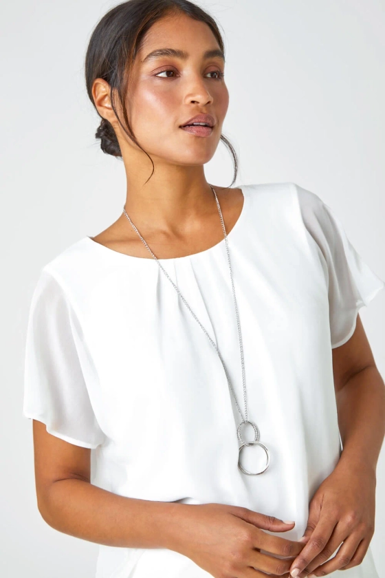 Ivory Chiffon Jersey Blouson Top with Necklace | Roman UK