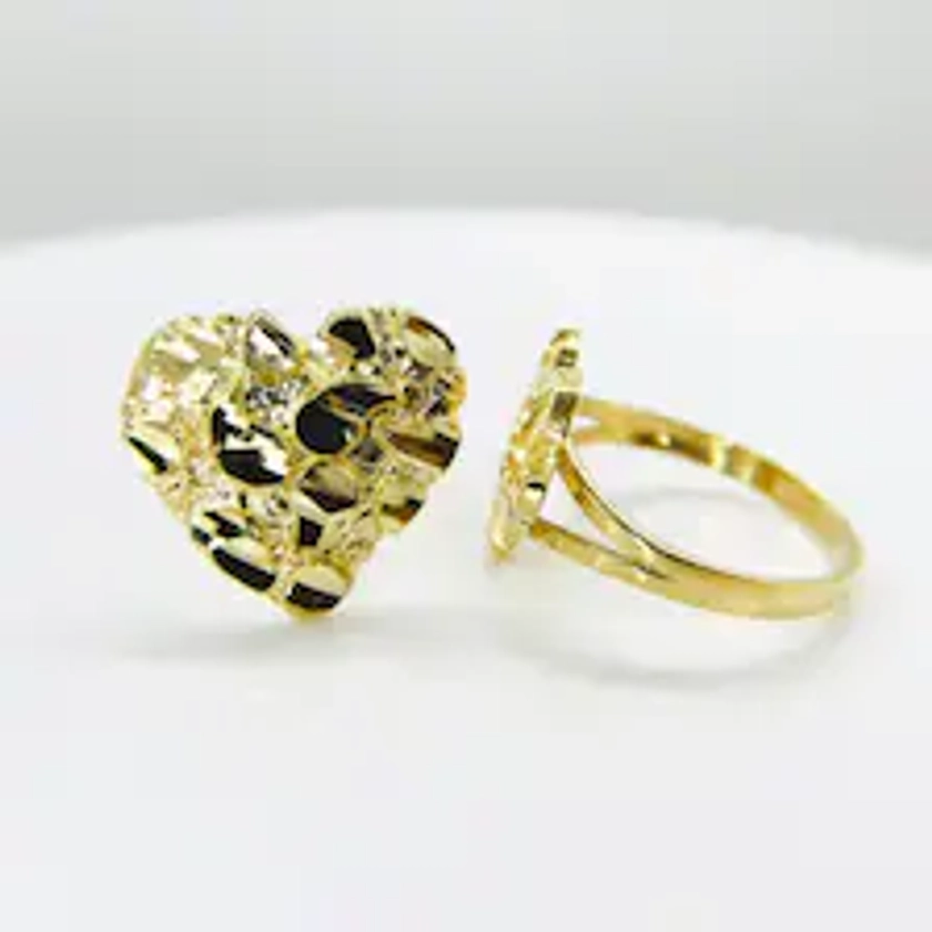 10k Solid Gold Nugget Heart Love Ring for Women/Girl