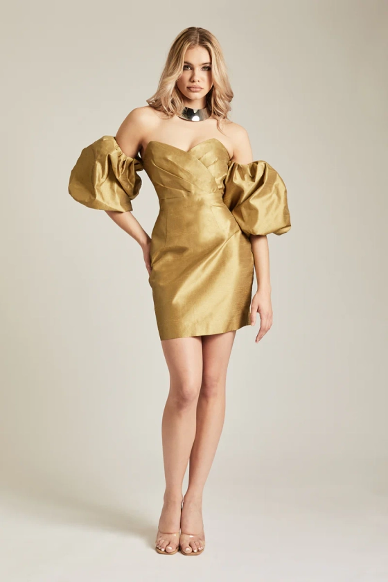 Kayla Dupioni Puff Sleeve Mini Dress (Antique Gold)