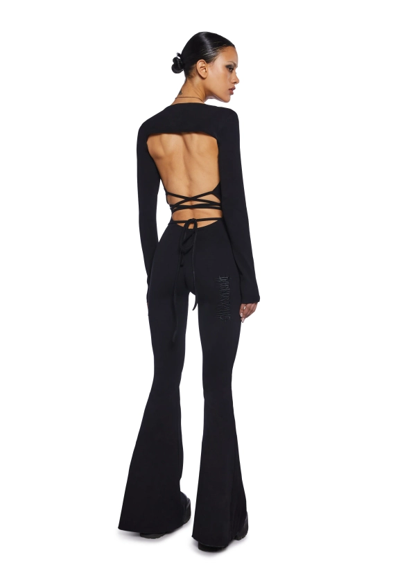 Darker Wavs Catsuit With Open Back And Tie Closures And Long Sleeves - Black