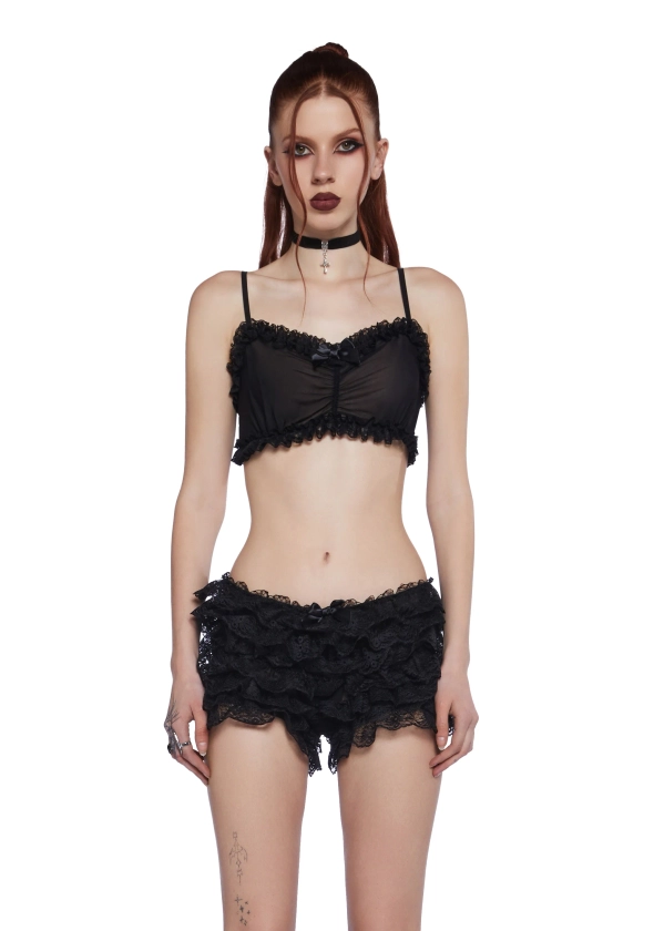 Widow Sheer Mesh Lace Bralette And Ruffled Bloomers Undies - Black