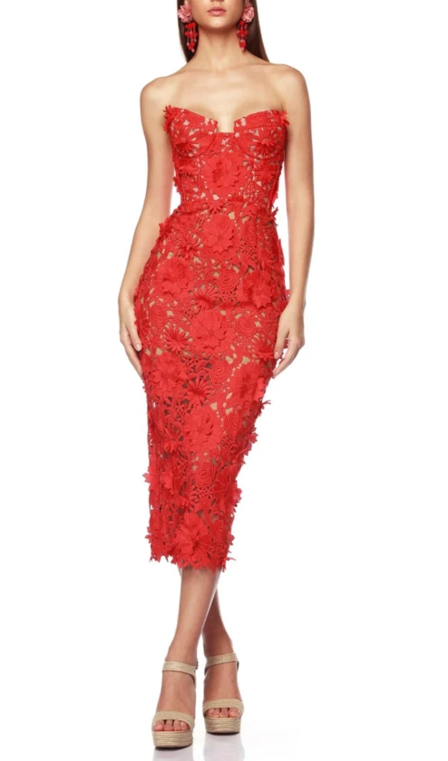 ANEMOON RED FLOWER EMBROIDERY MIDI DRESS