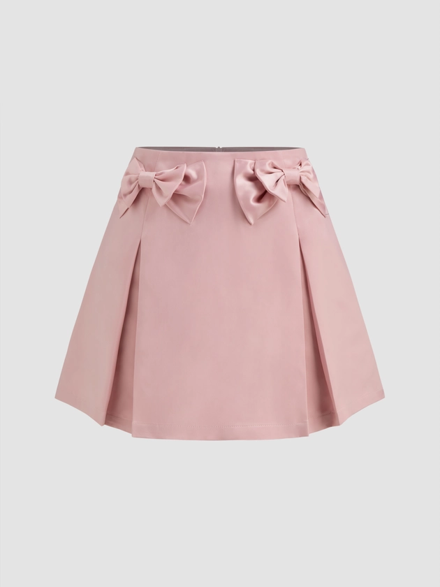 Satin Satin Mid Rise Solid Bowknot Pleated Mini Skirt For School