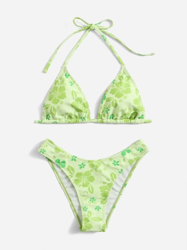 Floral Print Halter Triangle Bikini Swimsuit: Lime Green