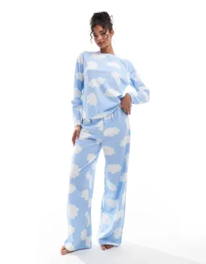 ASOS DESIGN cloud long sleeve top & trouser pyjama set in blue | ASOS