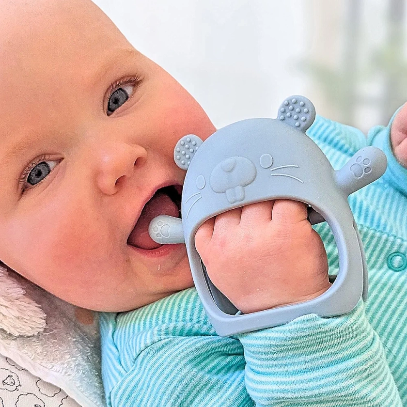 Infatot® Teething Toys for Baby - Baby Teether, New Infant Silicone Chipmunk Teether Mitten Baby Teething Glove Prevents Finger Sucking, Teethers for Babies, Teething Mitten for Babies - CM Blue