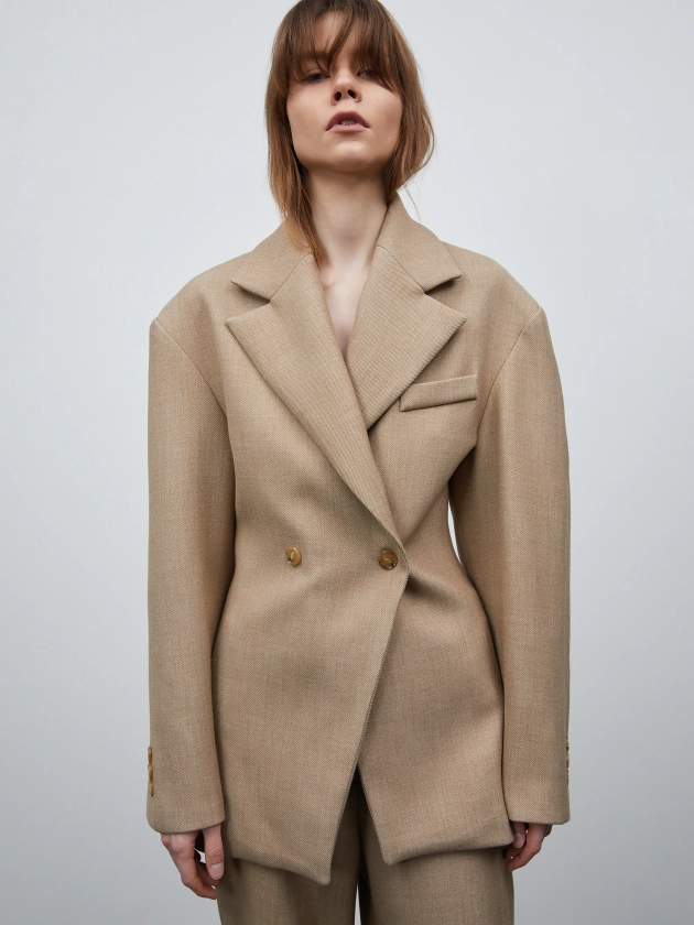 Nangy Double Breasted Cinched Blazer, Tan Beige