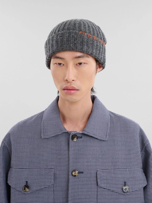 Grey Shetland wool beanie with Marni Mending