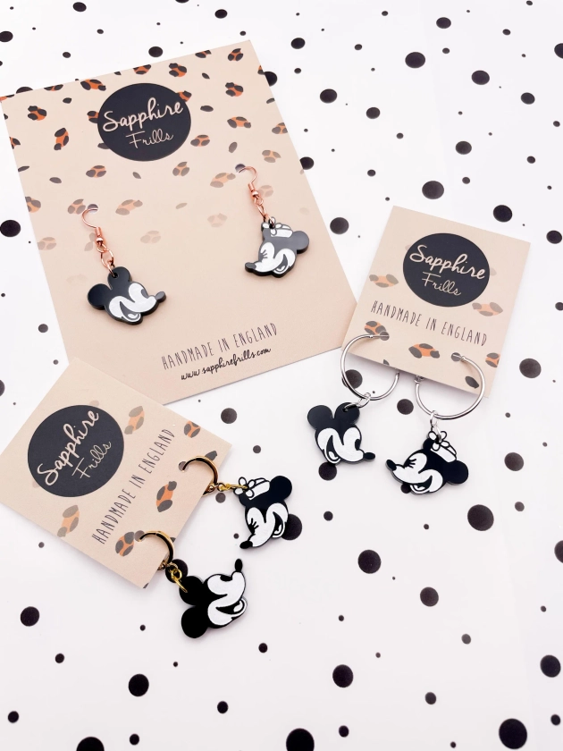 PRE ORDER - Medium Black and White Mismatch Mickey & Minnie Mouse Acrylic Dangle Earrings