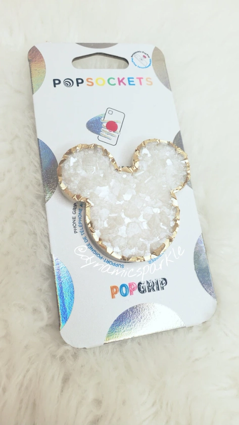 White Pearl Minnie Mouse Gemstone Druzy Agate Geode Inspired Popsocket