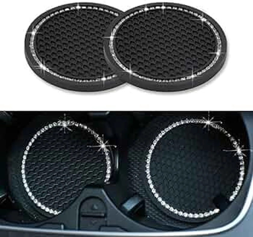 Universal Vehicle Bling Travel Auto Cup Holder Insert Coasters,2.75 Inch Crystal Rhinestone Car Interior Accessories Durable Anti Slip Silicone Car Coasters (Pack of 2)