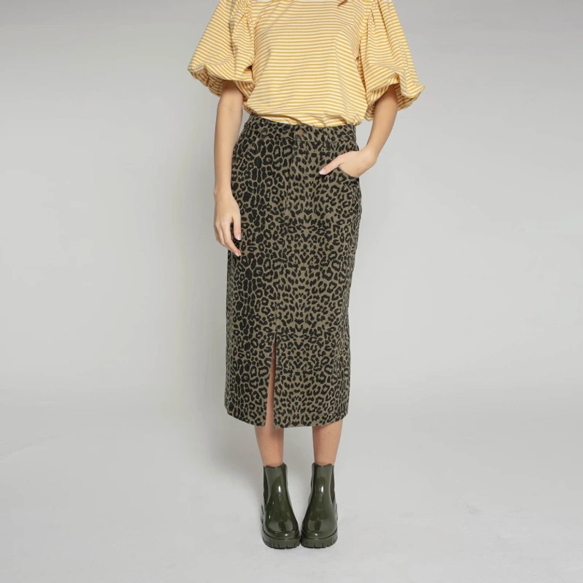 Frankie Denim Skirt In Khaki Leopard Print by NOOKI DESIGN