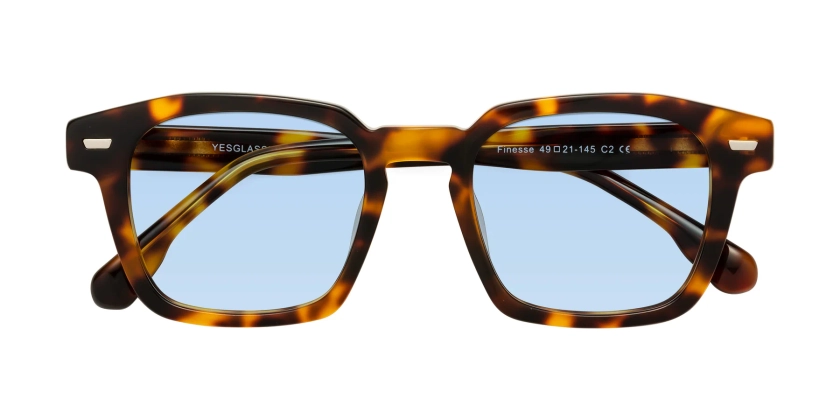 Tortoise Retro-Vintage Acetate Trapezoid Tinted Sunglasses with Light Blue Sunwear Lenses - Finesse