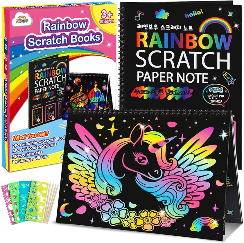 ZMLM Scratch Paper Art-Crafts Notebook: 2 Pack Bulk Rainbow Magic Paper Supplies Toys for 3 4 5 6 7 8 9 10 Years Old Girls Kids Favors Gifts for Birthday Halloween Christmas Party Game