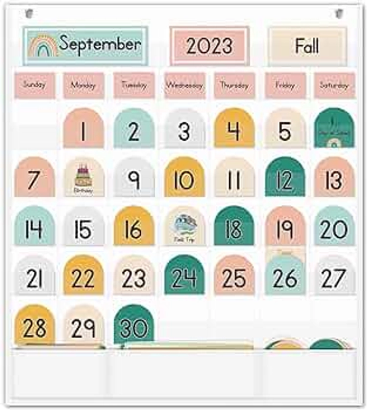 Eamay Boho Calendar Pocket Chart with 90 Cards for Kids Learning,Classroom and Home School Décor,White