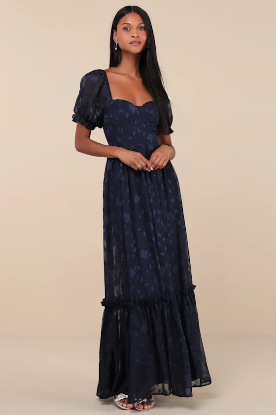 Phenomenal Sweetness Navy Floral Burnout Bustier Maxi Dress