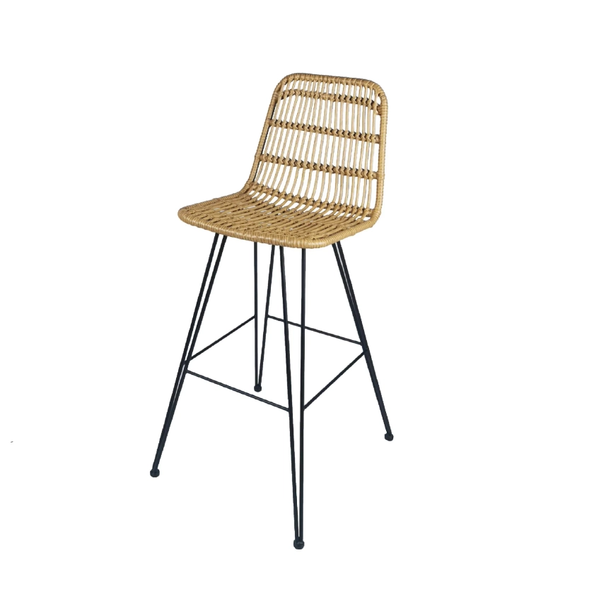 KOSMI - Tabouret de bar style nature aspect rotin en résine tressée et pieds en métal noir - Hauteur 63cm | Leroy Merlin