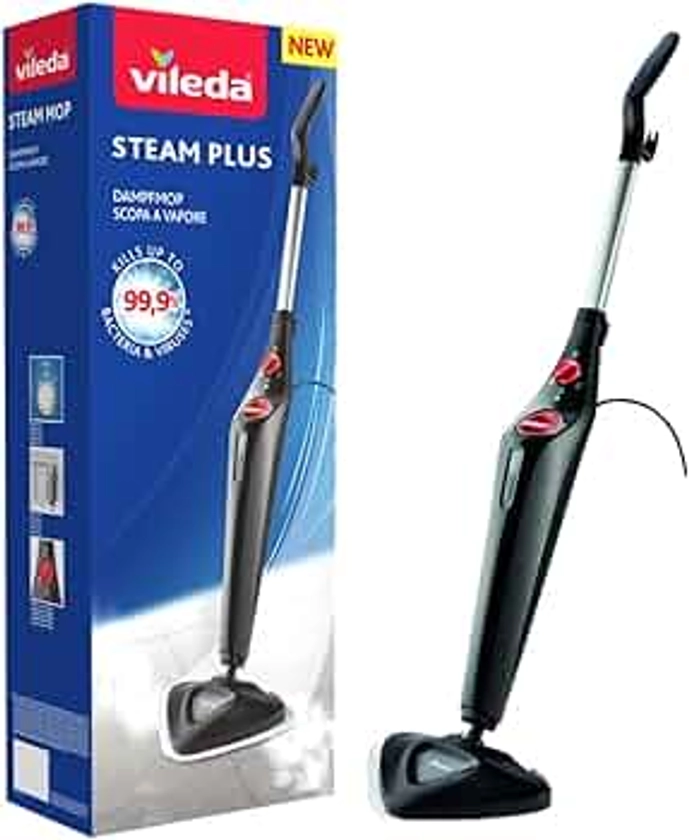 Vileda Steam Mop Steam PLUS, Black Steam Cleaner for all floors, Kills and Removes Viruses, Germs and Bacteria up to 99.9%, 3 Steam Settings, 400ml Water Tank, Heats in 15 seconds, Reaches in Corners