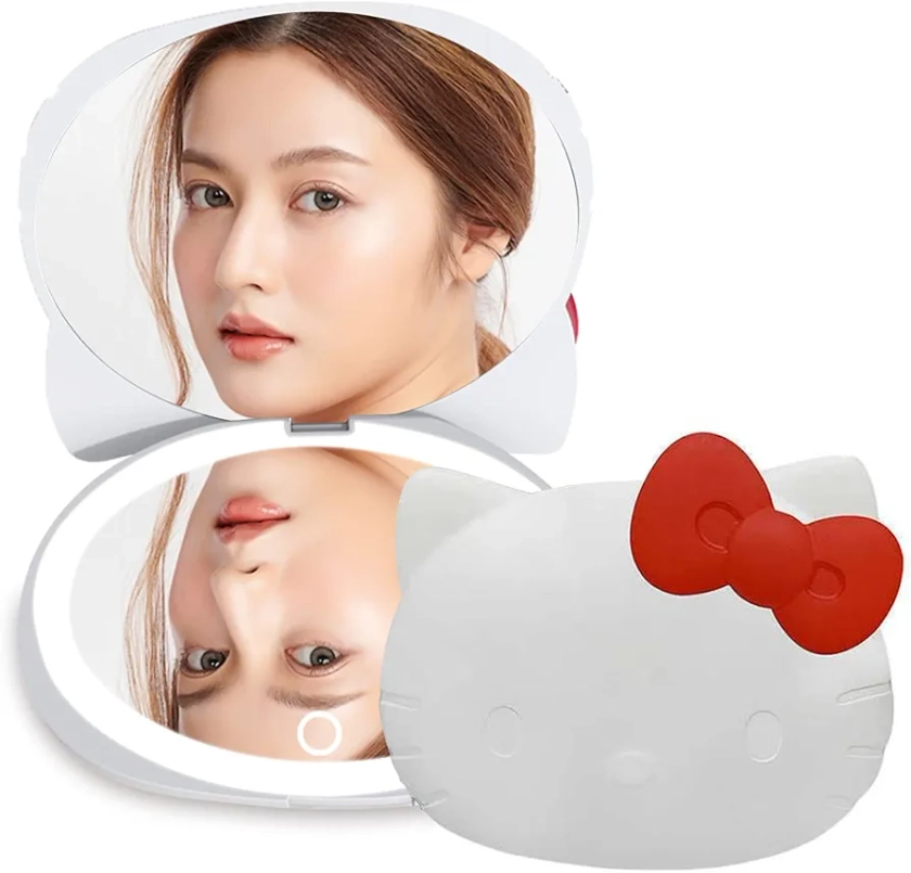 Impressions Vanity Hello Kitty Kawaii Compact Mirror with Touch Sensor Switch for Purse, LED Makeup Mirror with 2X Magnifying Top and Adjustable Brightness (White)