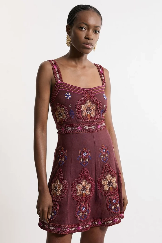 Cotton Embroidered Strappy Woven Mini Dress