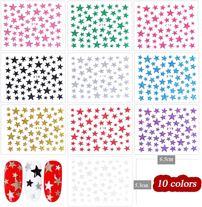 10pcs Autocollants pour Ongles 3D Stickers Ongles Autocollants Coloré Étoiles Paillettes Brillant Décoration Bricolage Auto-Adhésif Nail Art