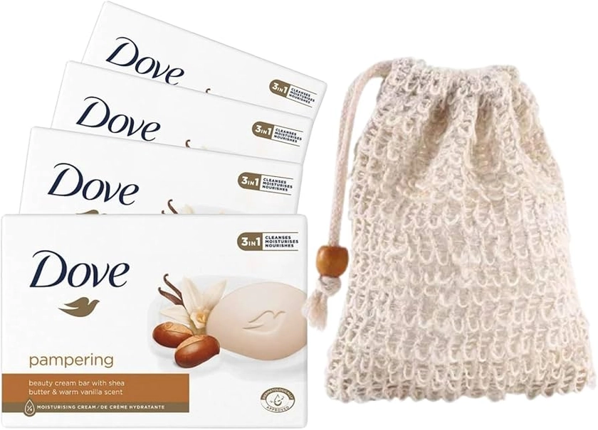 Dove Pampering Moisturising Soap x 4 bars with 1 x Exfoliating Soap Saver Pouch bundle by Wundle (Shea Butter & Warm Vanilla) : Amazon.co.uk: Beauty