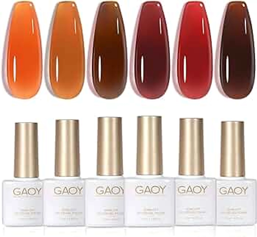 GAOY Jelly Brown Gel Nail Polish Set, 6 Transparent Colors Dark Red Orange Pumpkin Soak Off Gel Polish Kit for Salon and Nail Art DIY at Home