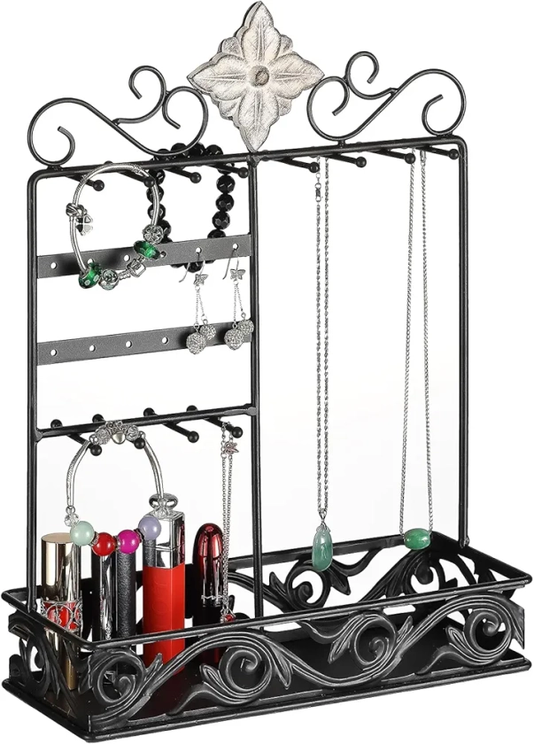 Lily Flower Jewelry Holder Organizer, Jewelry Stand Necklace Holder Stand with 24 Hooks, 12 Hole Earring Holder Organizer and Tray