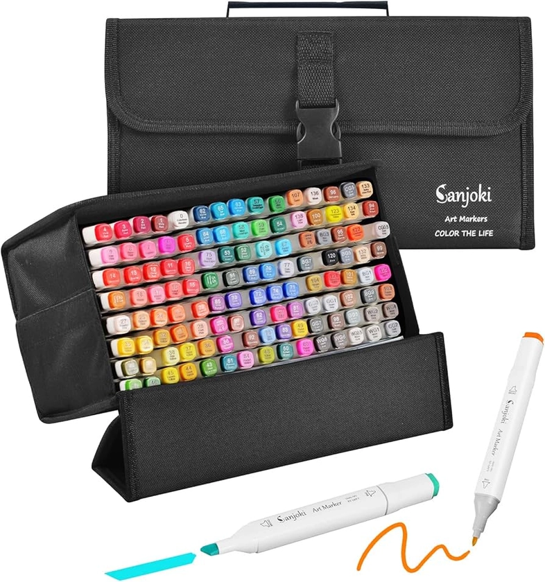 SANJOKI Dual Tip Markers 120 Colours with Stand and Black Bag for Carrying Professional Drawing Pens Art Markers Organiser