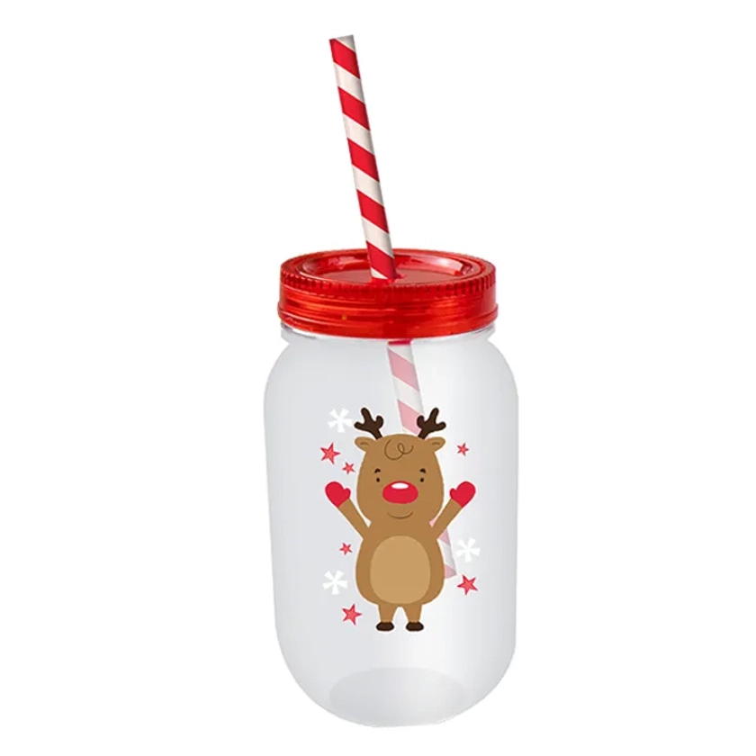 Christmas Plastic Mason Jar & Straw, 500ml - Reindeer