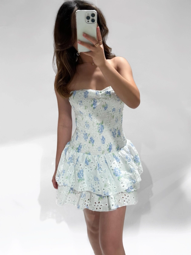 Bella Embroidered Tube Dress / Floral White Blue 