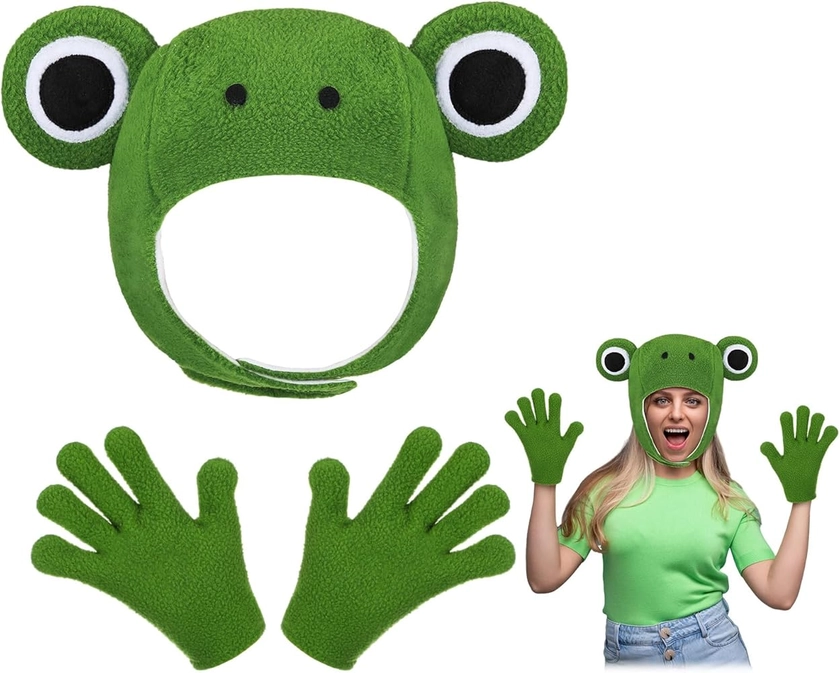 3 Pcs Halloween Frog Costume Accessory Set Cute Plush Frog Hat Frog Gloves Green Frog Hood and Gloves Adult for Halloween Outfit Cosplay Party Decoration Supplies