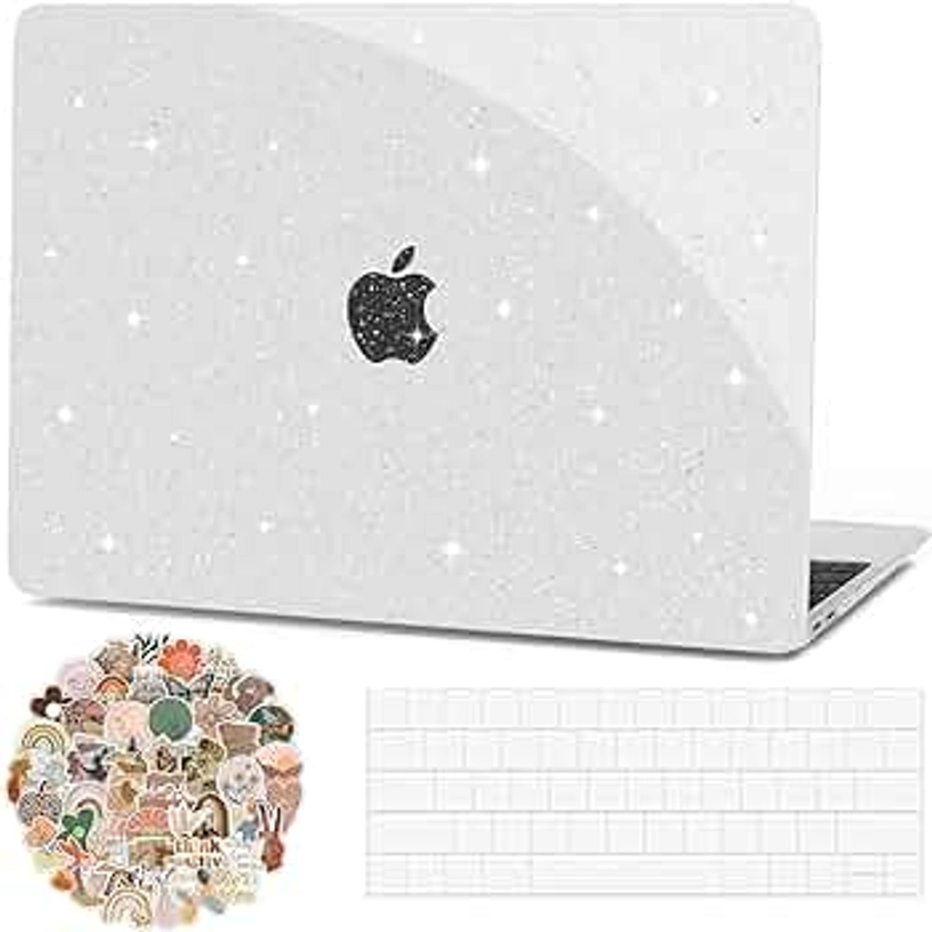 G JGOO Compatible with MacBook Air 13 Inch Case 2022 2021 2020 2019 2018 Release M1 A2337 A2179 A1932 Touch ID, Clear Glitter Plastic Hard Shell Case + Keyboard Cover +50 Pcs Laptop Sticker, Sparkly