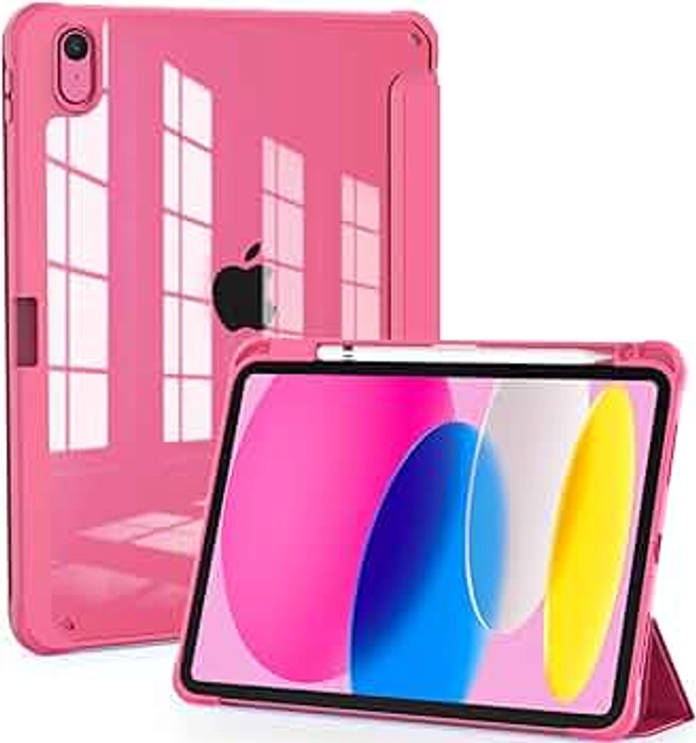 OKP for New iPad 10th Generation Case 2022, ipad 10.9 inch Case with Trifold Stand, Auto Wake/Sleep, Protective Cover with Slim Lightweight Clear PC Back Shell for Women Men, Rose Red