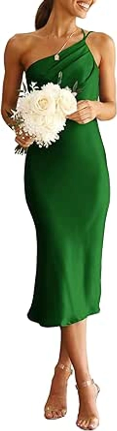 PRETTYGARDEN Women's Midi Satin Dress One Shoulder Spaghetti Strap Backless Ruched Summer Bodycon Dresses (Green,Medium) at Amazon Women’s Clothing store