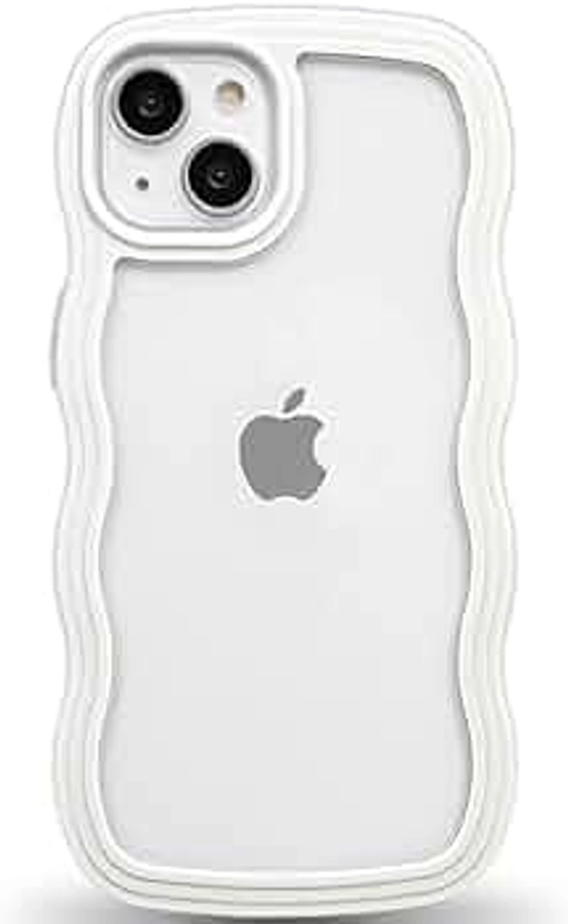 Anuck for iPhone 13 Case Wavy Edge Clear Back Design, Anti-Slip Grip Cute Wave Curly Frame Shape Shockproof Soft TPU & Hard Bumper Protective Phone Case Cover for Women Girls, White