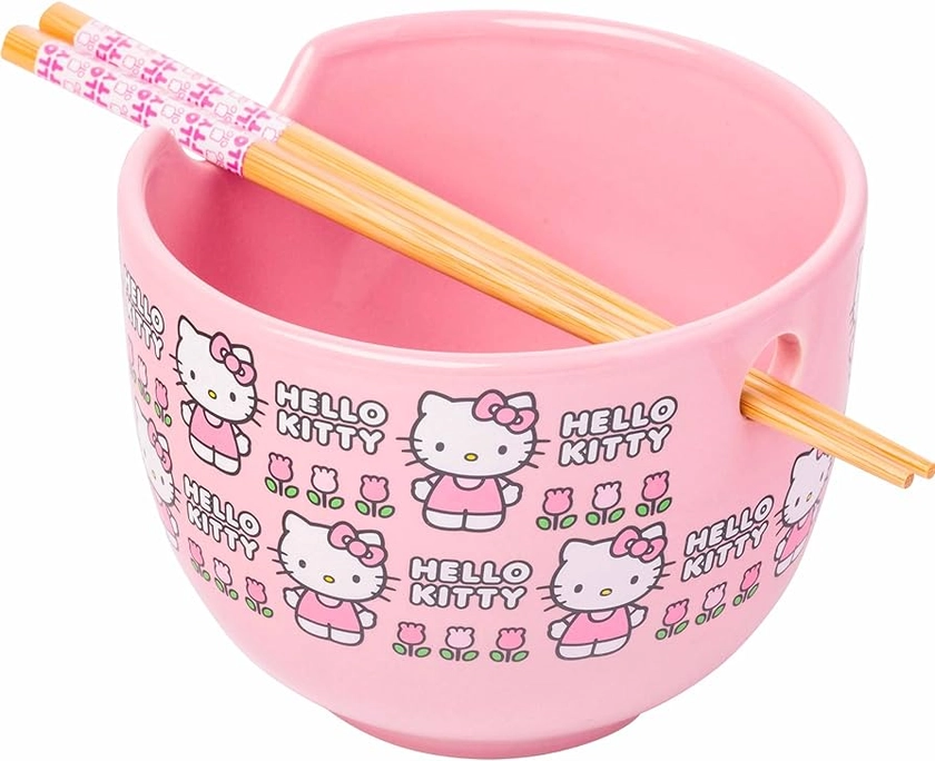 Silver Buffalo Sanrio Hello Kitty Flowers Pattern Ceramic Ramen Noodle Rice Bowl with Chopsticks, Microwave Safe, 20 Ounces