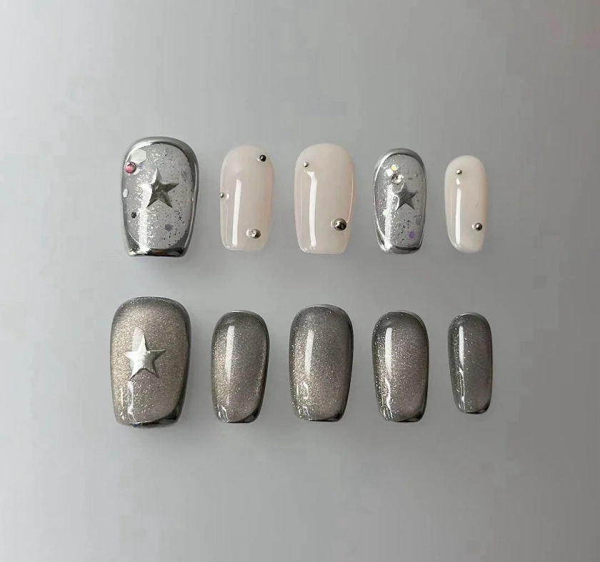 silver star cateye nails/ custom press on nails/ hand made Press on Nails/Faux Acrylic Nails/ Gel Nails/Press on Nails