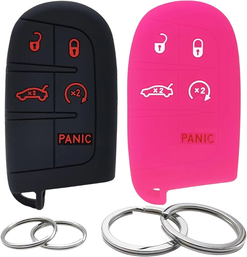 2Pcs Silicone 5 Buttons Key Fob Cover Remote Case Keyless Protector Compatible with Jeep Grand Cherokee Chrysler 300 200 Dodge Charger Challenger Durango Journey Dart Viper Ram (Black & Hot Pink)