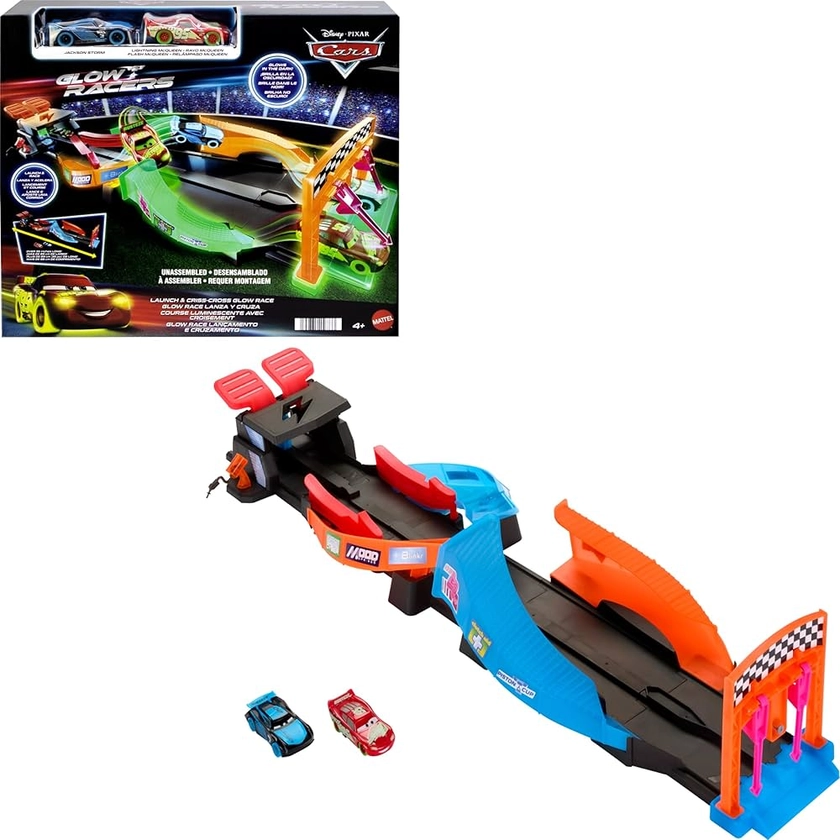 Mattel Disney and Pixar Cars Glow Racers Launch ‘N Criss-Cross Playset with 2 Glow-in-the-Dark Toy Cars Including Lightning McQueen & Jackson Storm, HPD80