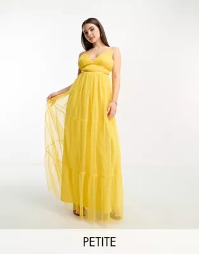 Anaya Petite tulle maxi dress with tiered skirt in yellow | ASOS
