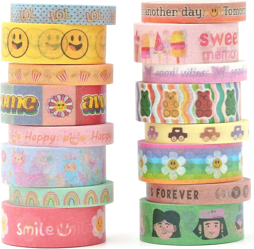 YUBX Cute Cartoon Washi Tape Set 16 Rolls Bright Colors Kawaii Masking Graphic Decorative Tapes for Arts, DIY Crafts, Journals, Planners, Scrapbook, Wrapping